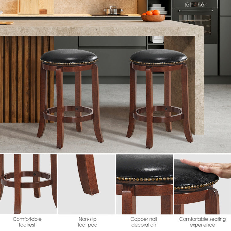 360 Degree Swivel Wooden Backless Bar Stool with Foot Rest and Cushioned Seat