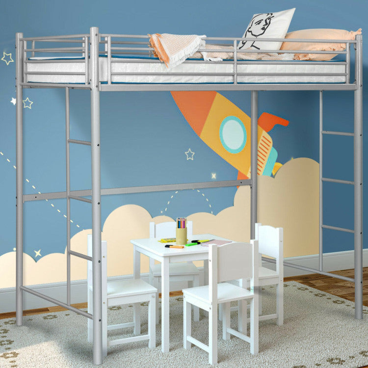 Twin Loft Bed Frame with 2 Ladders Full-Length Guardrail