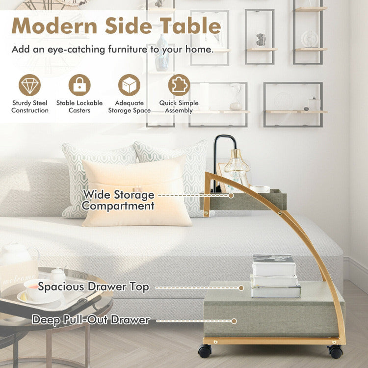 Modern 2-Tier Rolling End Table with Tray Top and Pull-Out Drawer