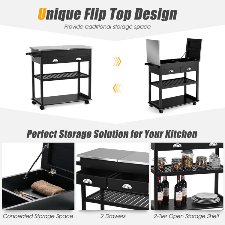 Kitchen Island Cart Rolling Trolley with Stainless Steel Flip Top