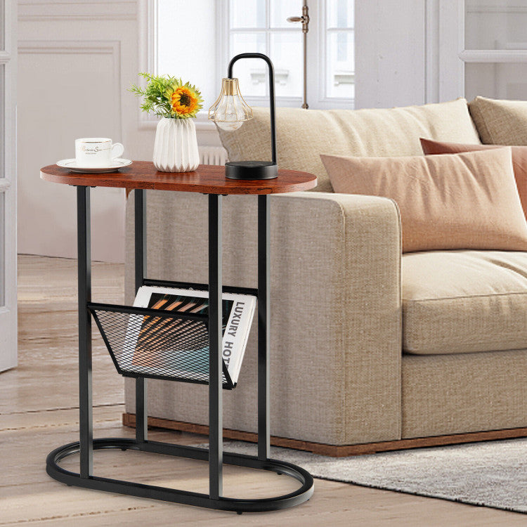 2-Tier Industrial Oval Side Table with Mesh Shelf