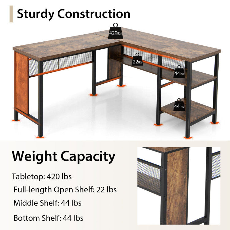 Industrial L-Shaped Corner Computer Desk Office Workstation with Storage Shelves