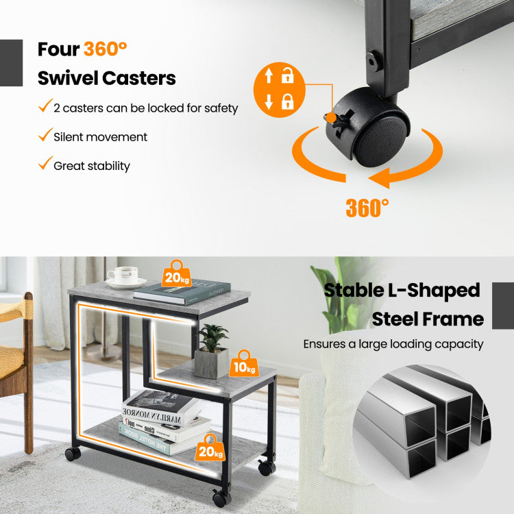 3-Tier Side Table with Open Shelf and Wheels for Living Room and Bedroom