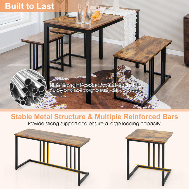 4 Pieces Industrial Dining Table Set with Bench and 2 Stools