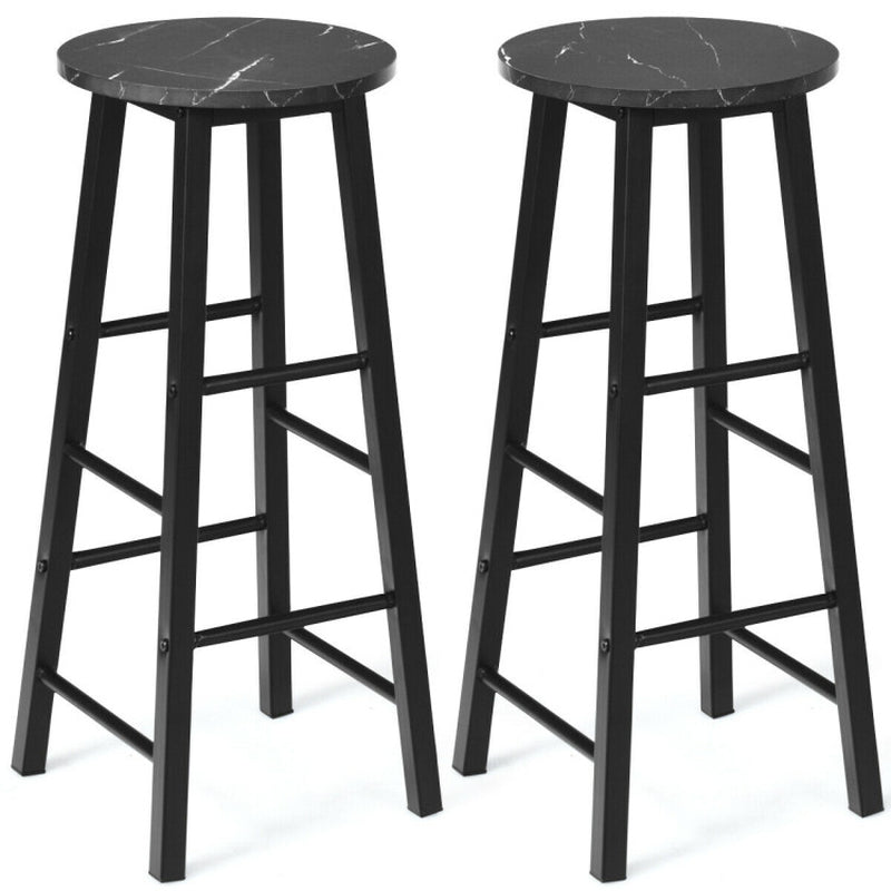 2 Pieces Industrial round Seat Faux Marble Bar Stool Set