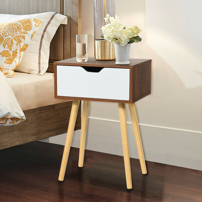 End Side Storage Drawer Nightstand with Solid Wooden Leg