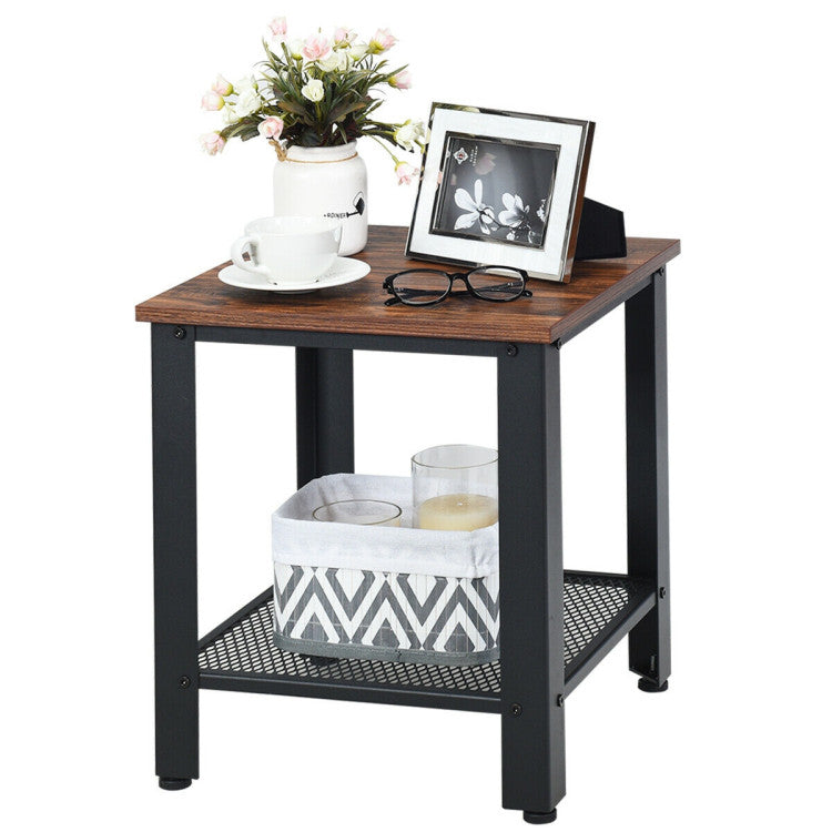 2-Tier Industrial End Table with Storage Shelf for Small Space