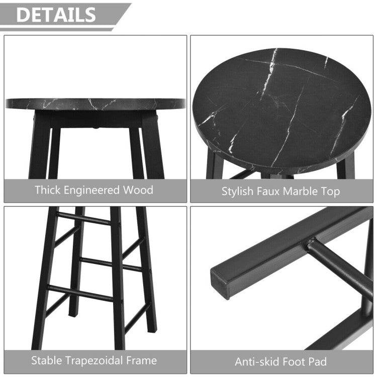 2 Pieces Industrial round Seat Faux Marble Bar Stool Set