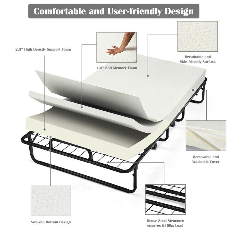 Twin Size Metal Folding Bed with 4 Inch Foam Mattress