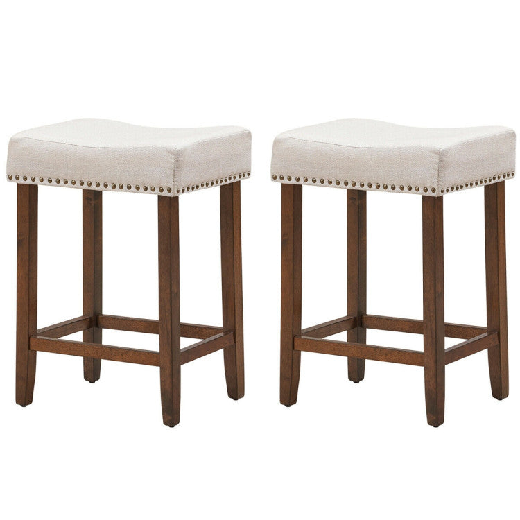 24 Inch 2 Pieces Nailhead Saddle Bar Stools with Fabric Seat and Wood Legs