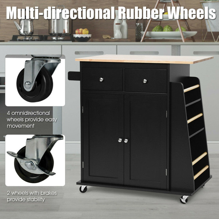 Rubber Wood Countertop Rolling Kitchen Island Cart