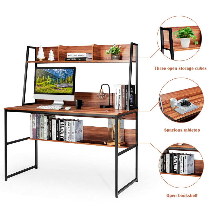 47 Inch Computer Desk with Open Storage Space and Bottom Bookshelf