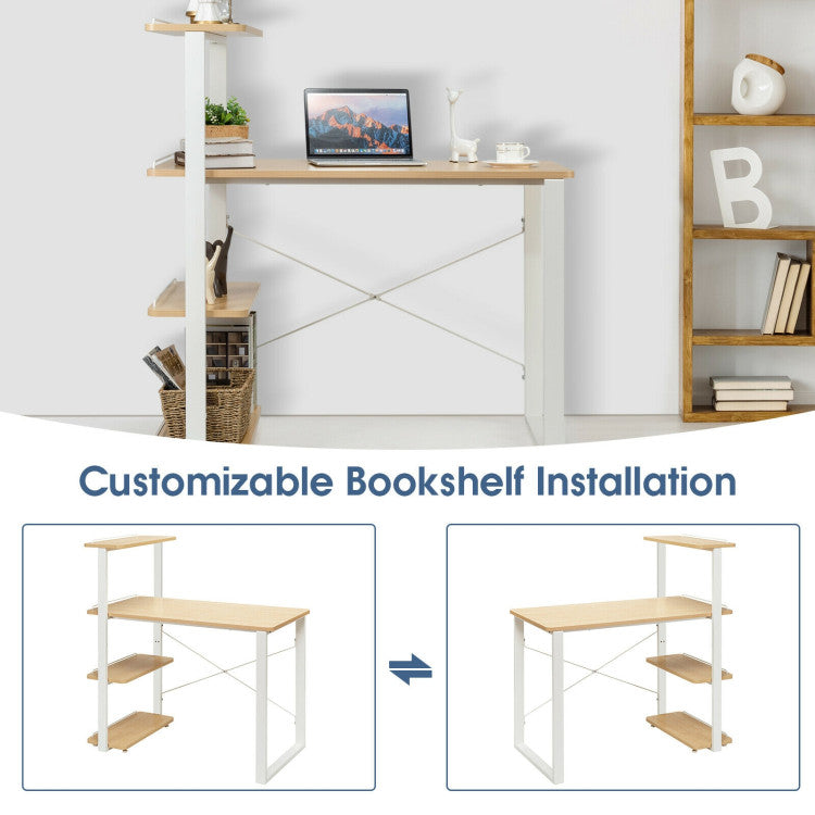 Reversible Computer Desk with 4 Tier Bookshelves and Spacious Desktop