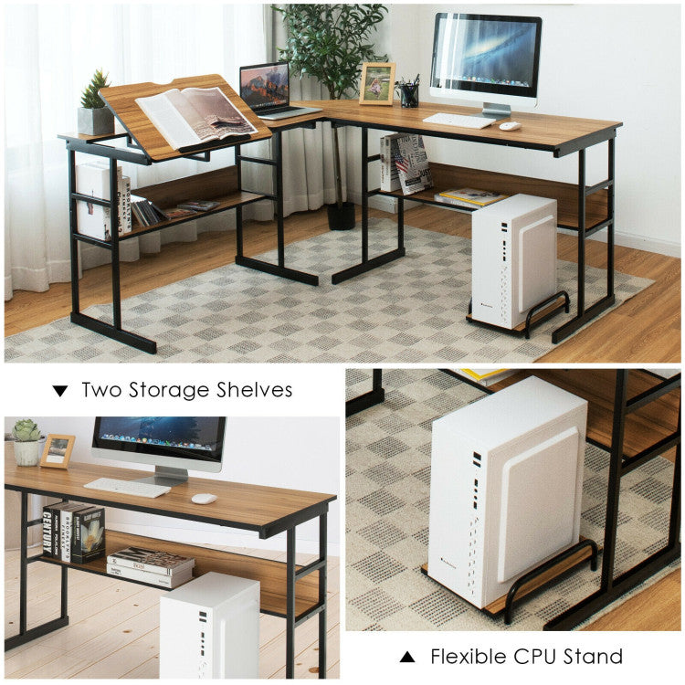 L-Shaped Computer Desk with Tiltable Tabletop