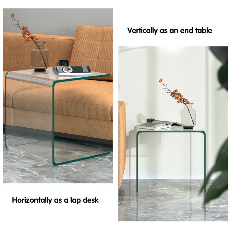 Tempered Glass End Table with Waterfall Edges and Non-Slip Pad