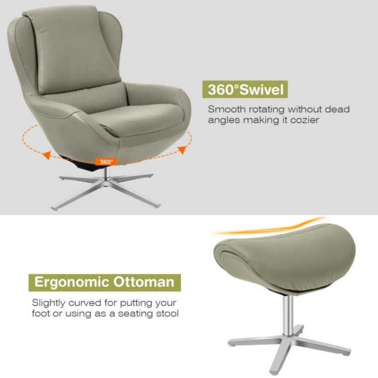 360° Swivel Leather Lounge Chair with Ottoman and Aluminum Alloy Base