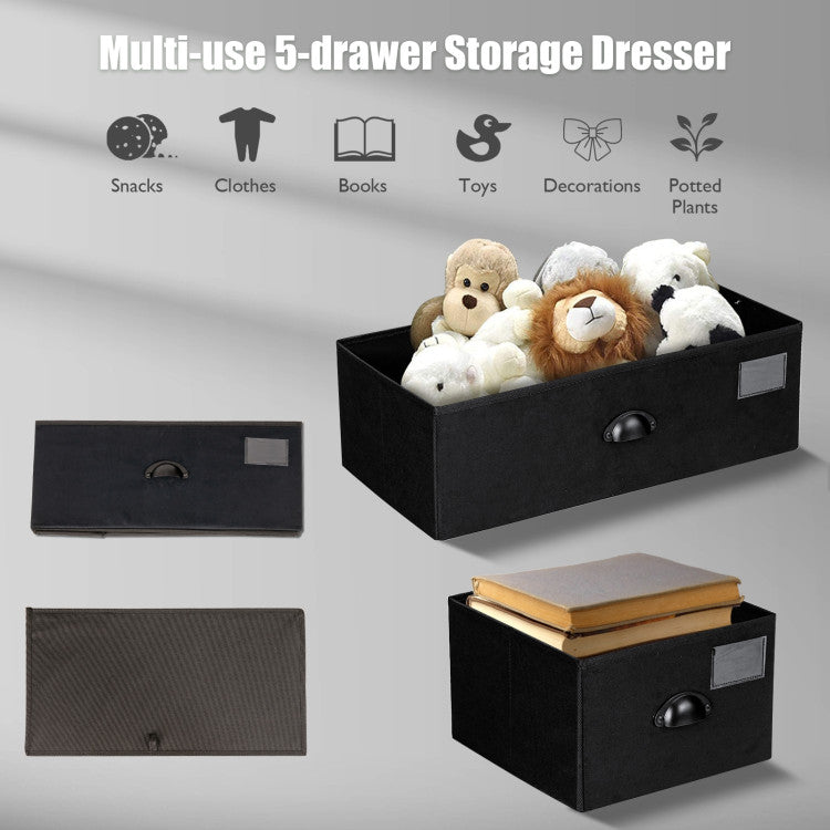 5-Drawer Storage Dresser with Labels and Removable Fabric Bins