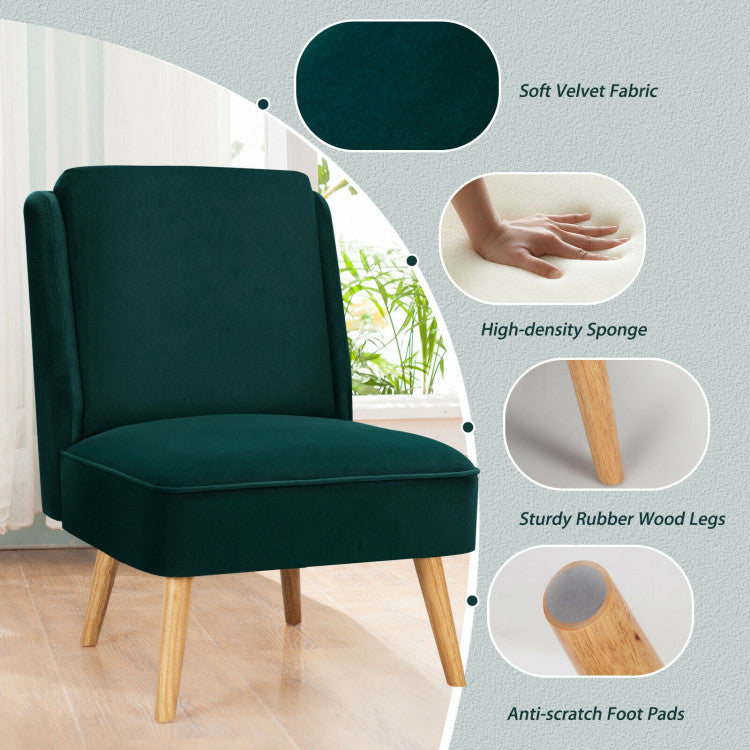 Velvet Accent Armless Side Chair with Rubber Wood Legs for Bedroom