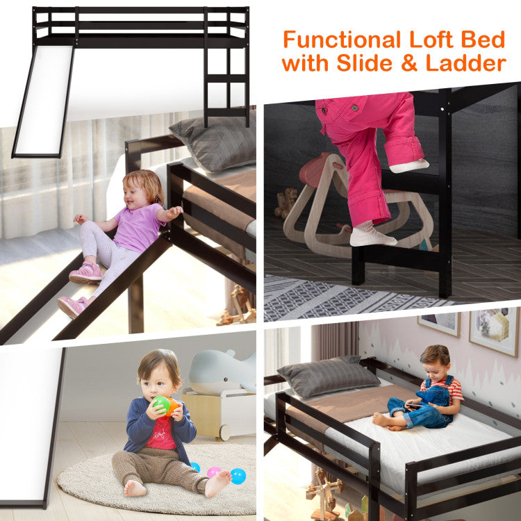 Twin Size Low Sturdy Loft Bed with Slide Wood