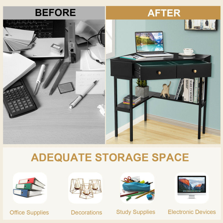 Space Saving Corner Computer Desk with 2 Large Drawers