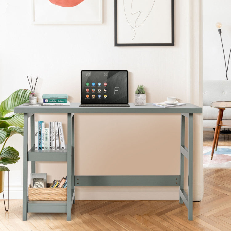 Wooden Trestle Computer Desk with 2-Tier Removable Shelves