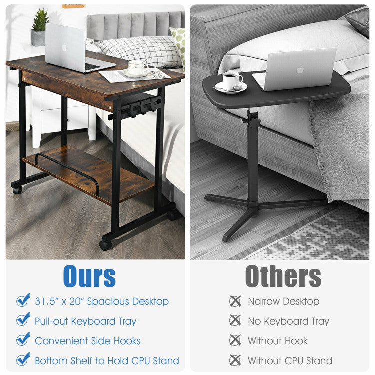 Rolling Computer Desk Cart with Keyboard Tray and CPU Stand