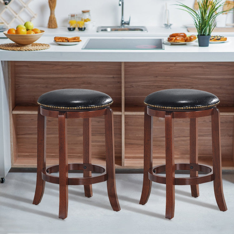 360 Degree Swivel Wooden Backless Bar Stool with Foot Rest and Cushioned Seat