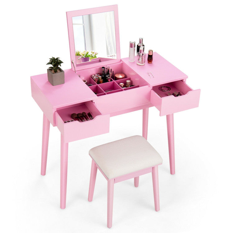 Makeup Vanity Table Set with Flip Top Mirror and 2 Drawers