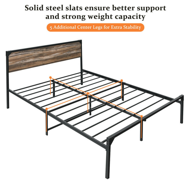 Metal Platform Bed Frame with Wooden Headboard