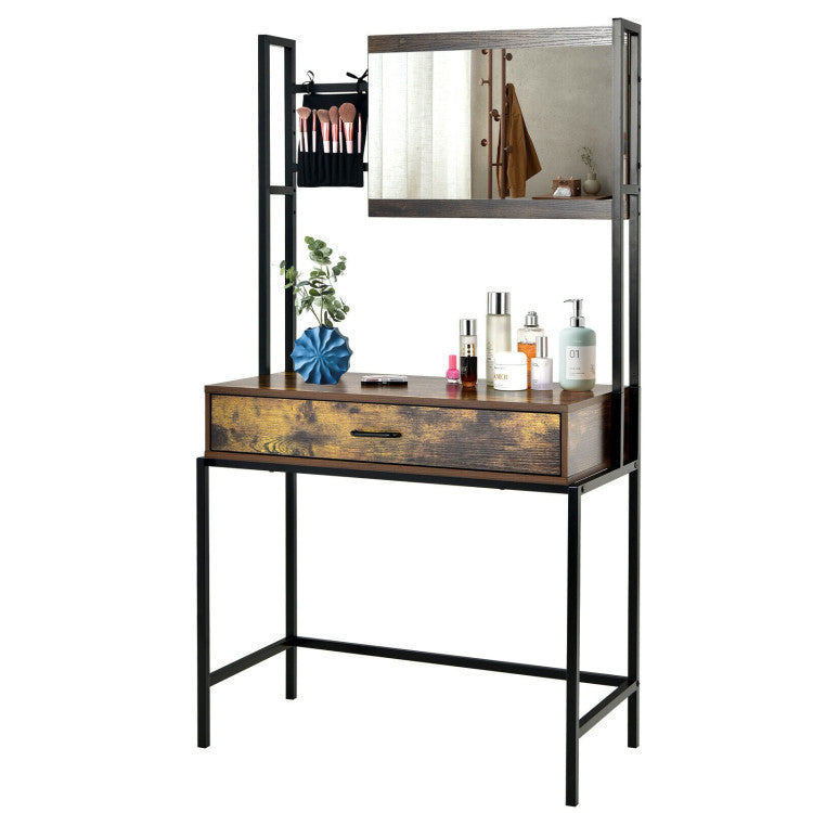 Industrial Vanity Table with 3-Position Adjustable Mirror