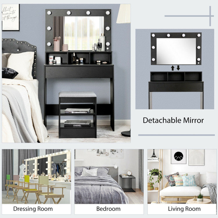 Vanity Table Set with Lighted Mirror and Cushioned Stool