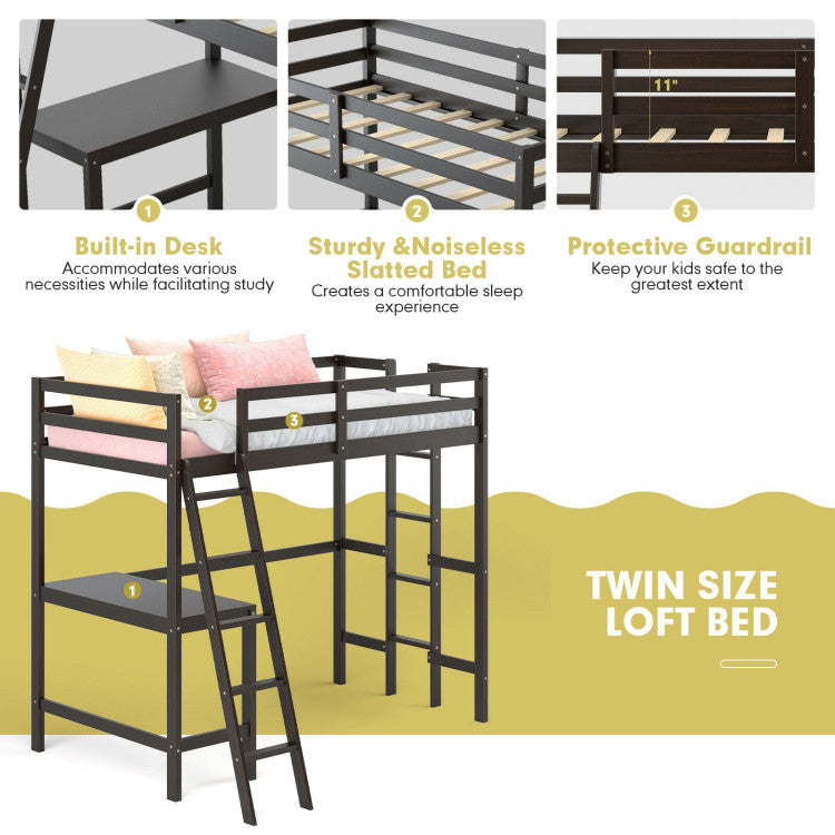 Twin Size Loft Bed Frame with Desk Angled and Built-In Ladder