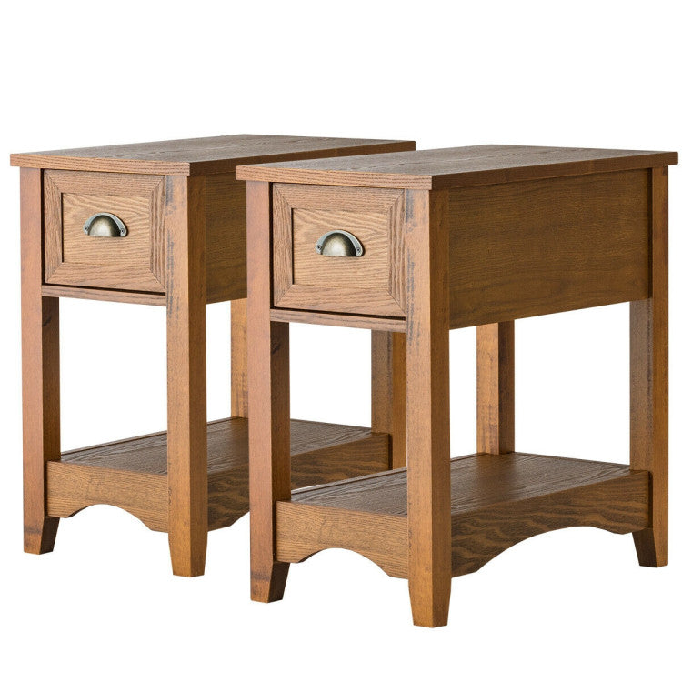 2 Pieces Contemporary End Table Set with Drawer and Open Shelf