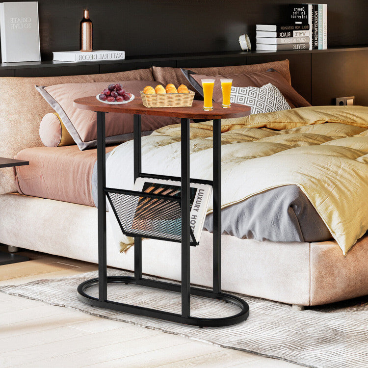 2-Tier Industrial Oval Side Table with Mesh Shelf