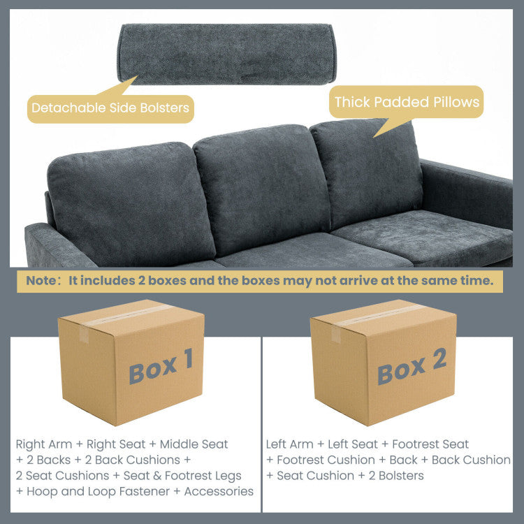 3 Seats L-Shaped Movable Convertible Sectional Sofa with Ottoman