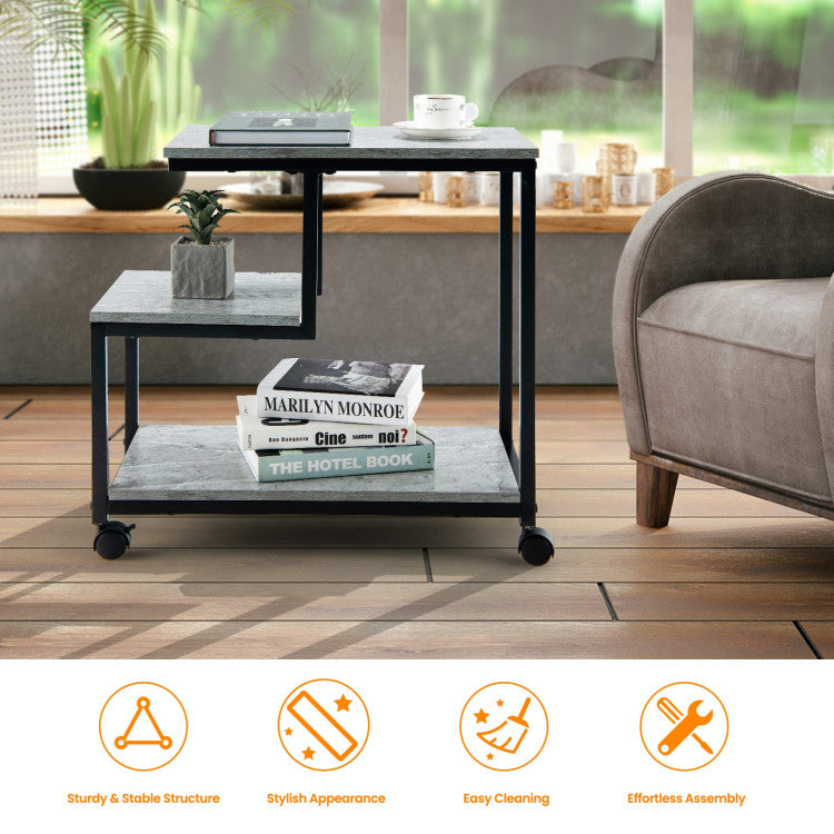 3-Tier Side Table with Open Shelf and Wheels for Living Room and Bedroom