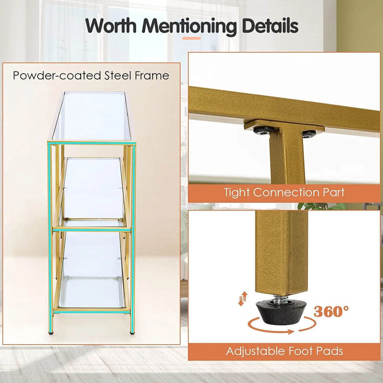 3-Tier 12D X 29W Inch Console Table with Tempered Glass Shelf