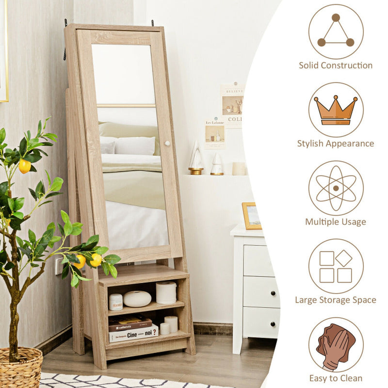 2-In-1 Wooden Cosmetics Storage Cabinet with Full-Length Mirror and Bottom Rack