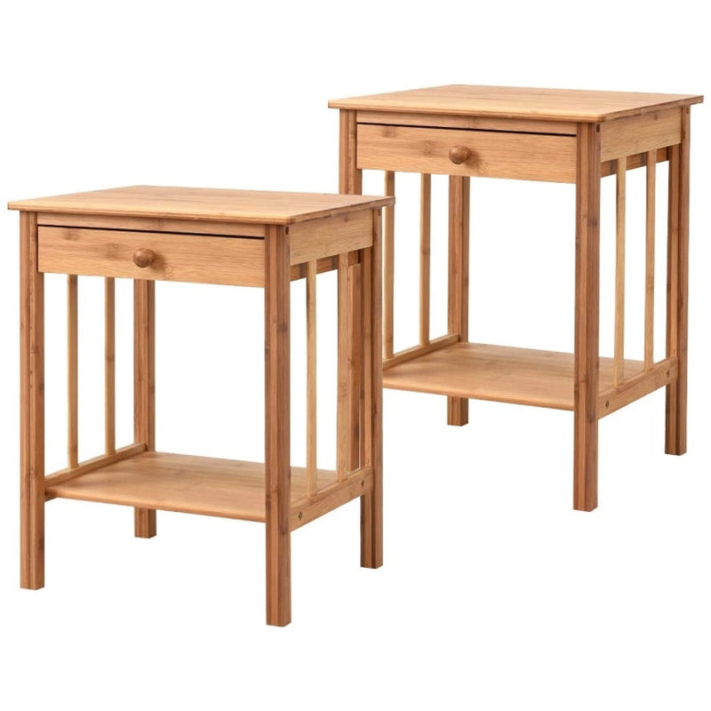 Multipurpose Bamboo End Table Nightstand with Drawer and Storage Shelf