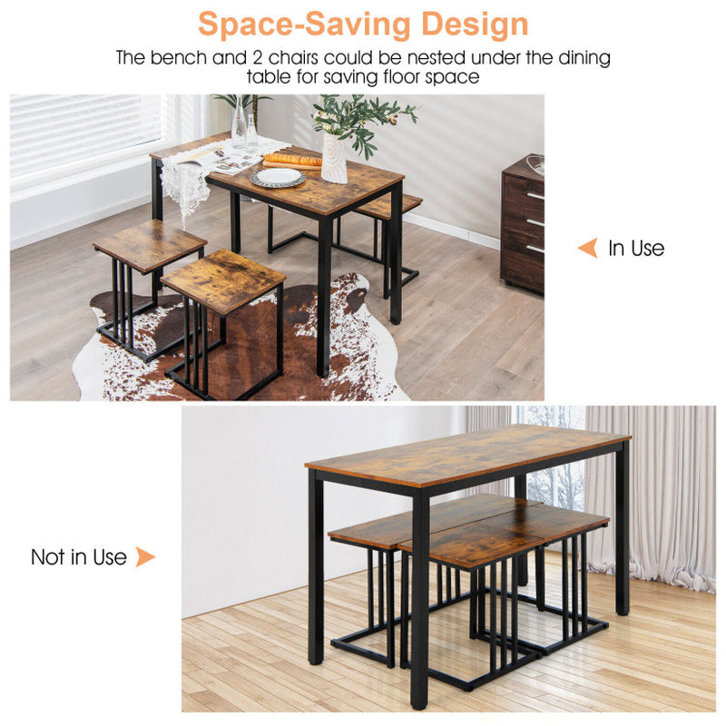 4 Pieces Industrial Dining Table Set with Bench and 2 Stools