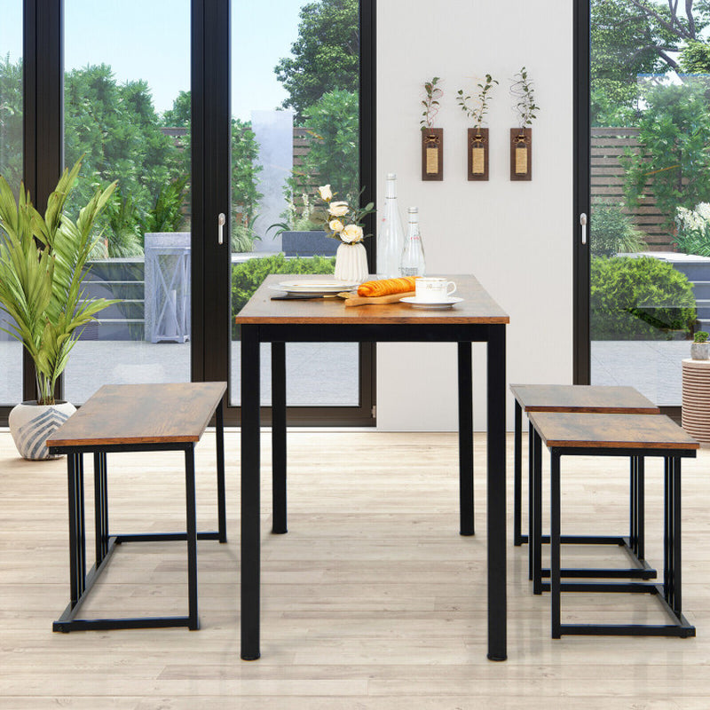 4 Pieces Industrial Dining Table Set with Bench and 2 Stools