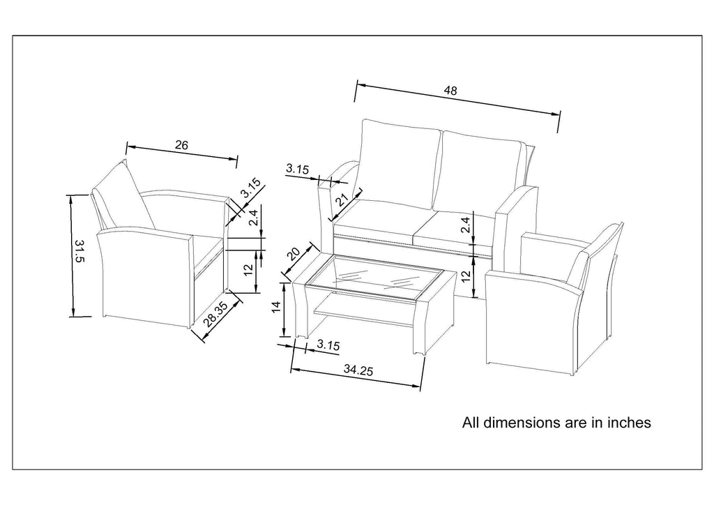 Staffora Vista 4 Piece All Weather Wicker Sofa Seating Group with Cushions and Coffee Table - StafforaFurniture