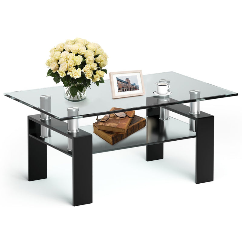 Rectangle Glass Coffee Table with Metal Legs for Living Room