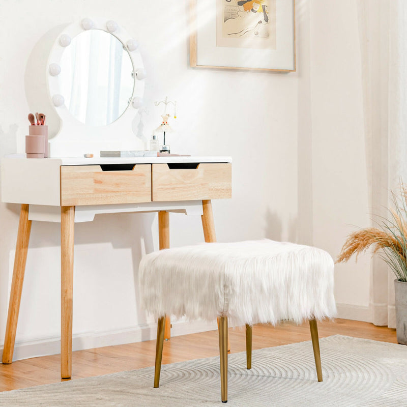 Faux Fur Vanity Stool with Golden Metal Legs for Makeup Room