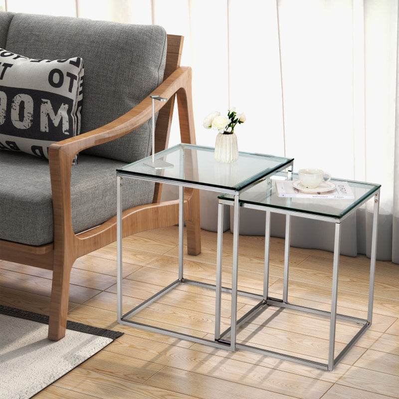 2 Pieces Modern Nesting Coffee Table with Tempered Glass Top and Steel Frame