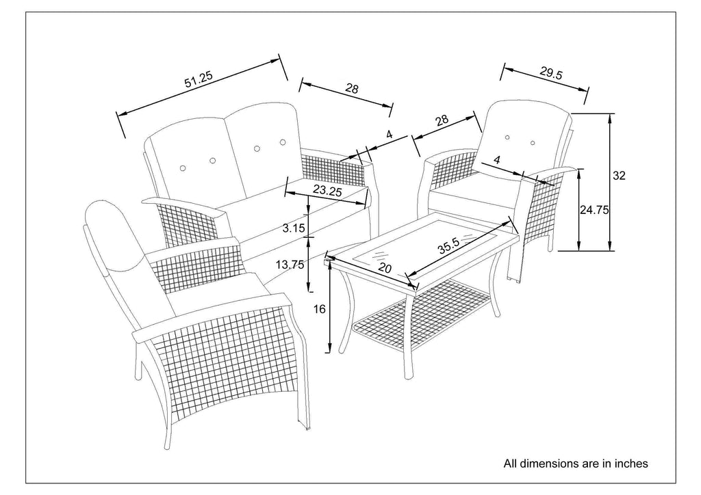 Staffora Ariel 4 Piece All Weather Wicker Sofa Seating Group with Cushions and Coffee Table - StafforaFurniture