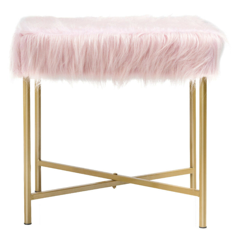 Luxurious Faux Fur Covered Footrest Stool with Gold Metal Base