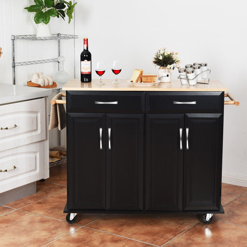 Rolling Kitchen Island Cart with Rubber Wood Top and Smooth Lockable Wheels