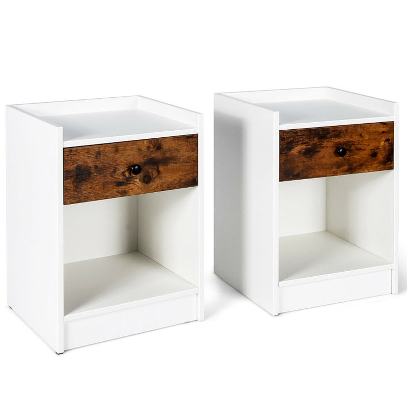 Set of 2 Nightstand with Drawer Cabinet End Side Table Raised Top