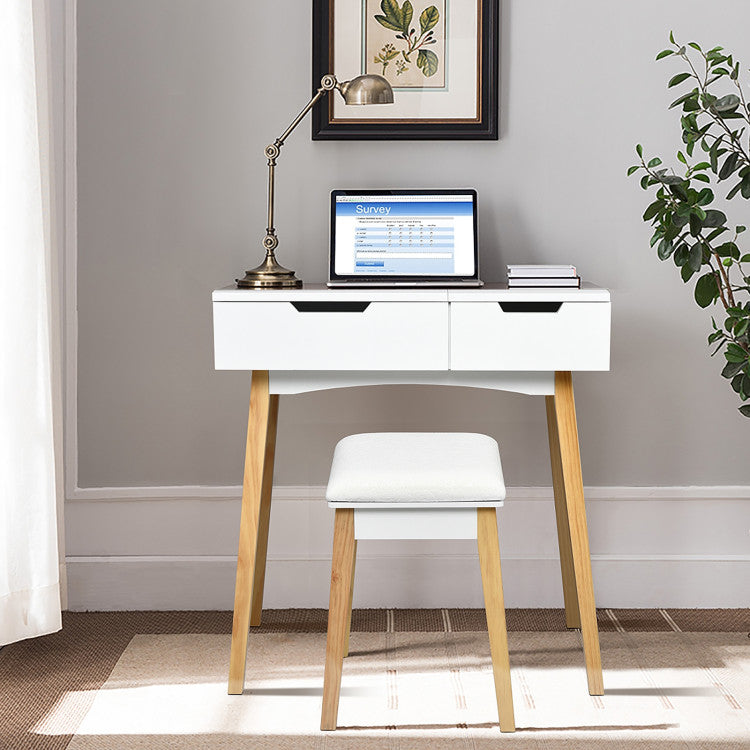 Wooden Vanity Table with Flip Top Mirror and Cushioned Stool